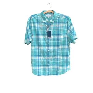 Crown‎ & Ivy Shirt Mens Large Turquoise Blue Plaid Motion Flex Short Sleeve NWT
